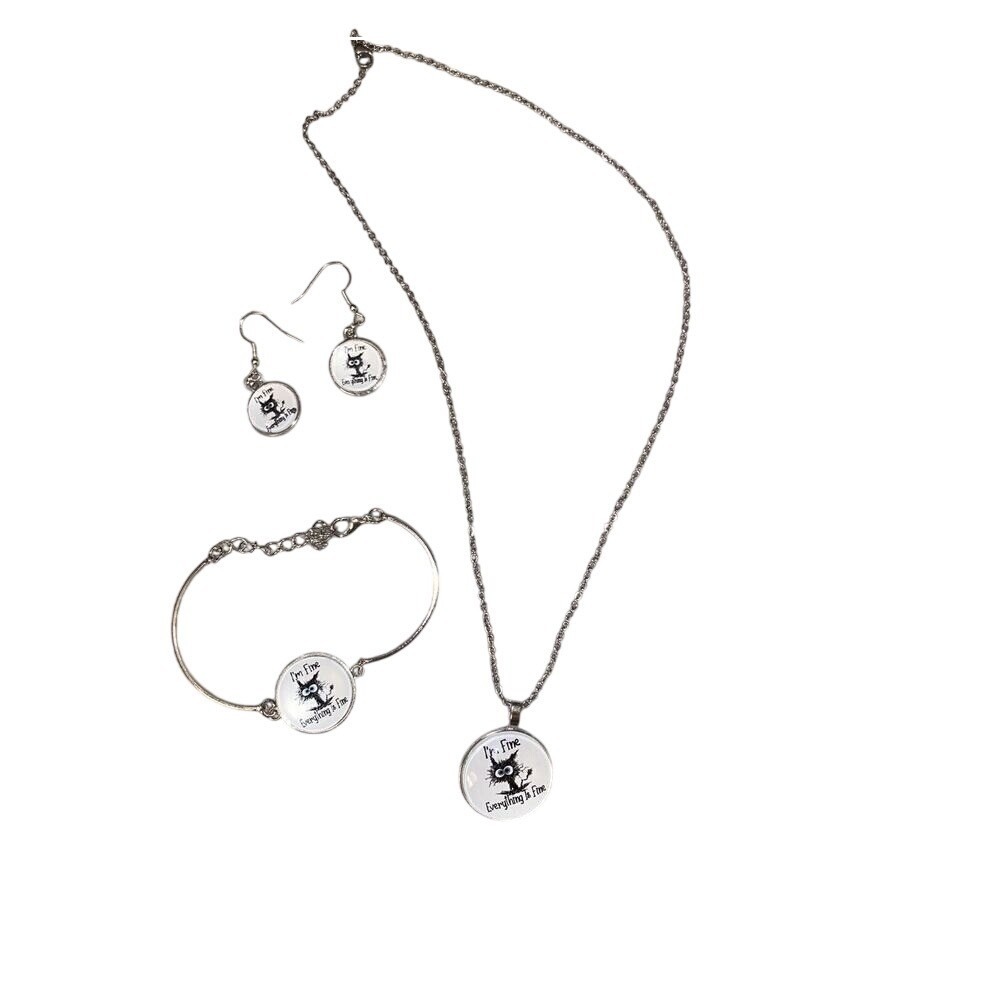 'I am fine everything's fine' cat jewelry, set of necklace, earrings, &bracelet